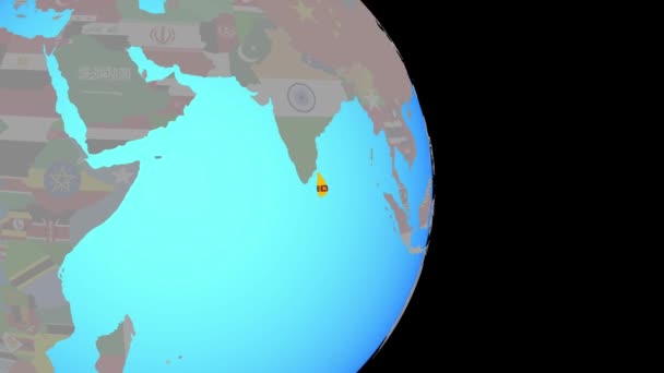 Zoom in op Sri Lanka met vlag op wereldbol — Stockvideo