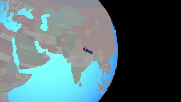 Зум Непала с флагом на глобусе — стоковое видео