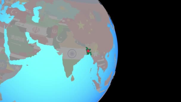 Zoom do Bangladeszu z flagą na kuli ziemskiej — Wideo stockowe