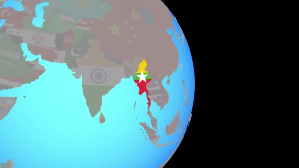 Zoom naar Myanmar met vlag op wereldbol — Stockvideo