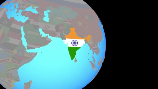 Zoom naar India met vlag op wereldbol — Stockvideo