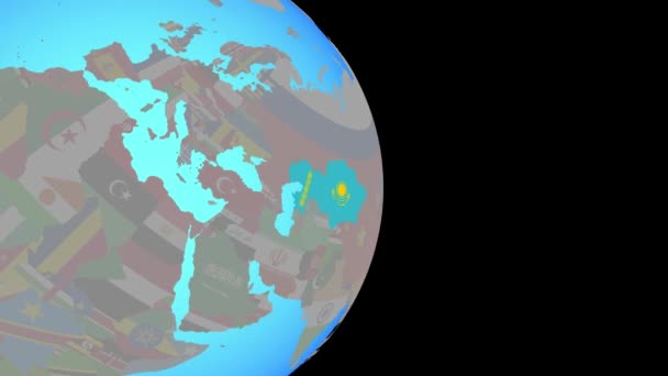 Zoom to Kazakhstan with flag on globe — 비디오