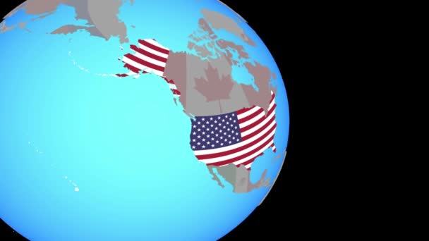 Zoom auf USA mit Flagge auf Globus — Stockvideo