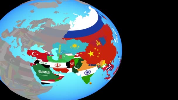 Přiblížit Asii s vlajkami na zeměkouli — Stock video