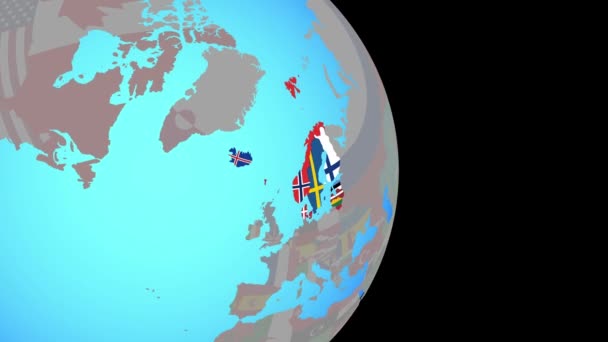 Збільшення Північної Європи з прапорами на земній кулі — стокове відео