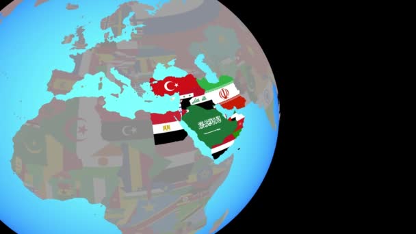 Zoom a Oriente Medio con banderas en el globo — Vídeo de stock
