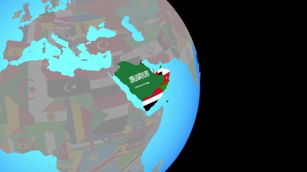 Поездка в Аравию с флагами на глобусе — стоковое видео