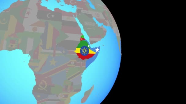 Zoom to Horn of Africa with flags on globe — Stock Video