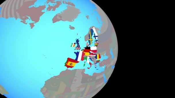 Приблизиться к Европейскому Союзу с флагами на глобусе — стоковое видео