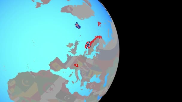 Zoom a los países de la AELC con banderas en el mundo — Vídeos de Stock