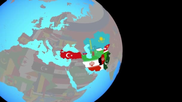 Zoom in op Eco-lidstaten met vlaggen op de wereld — Stockvideo