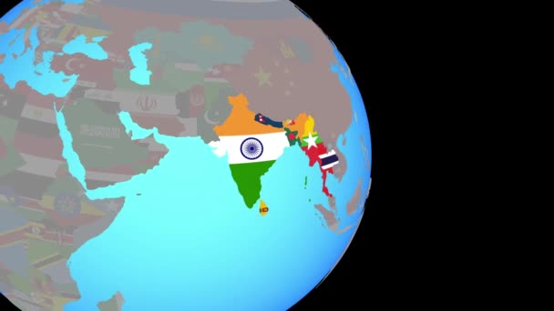 Zoom auf bimstec-Mitgliedsstaaten mit Flaggen auf Globus — Stockvideo