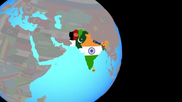 Zoom sur les états membres de la SAARC avec des drapeaux sur le globe — Video