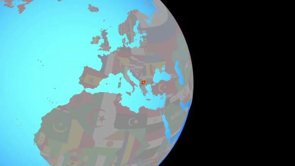 Zoom to Macedonia with flag on globe — Stock Video