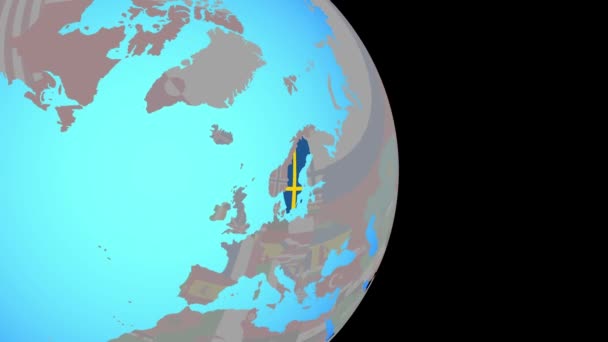 Zoom to Sweden with flag on globe — Stock Video