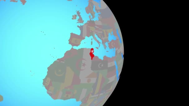 Zoom to Tunisia with flag on globe — Stock Video