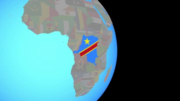 Zoom to Dem Rep of Congo with flag on globe — 图库视频影像