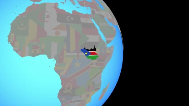 Zoom to South Sudan with flag on globe — 비디오