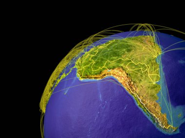 Latin Amerika Uluslararası bağlantıları, iletişim, seyahat temsil eden satırları ile dünyanın uzaydan. 3D çizim. Nasa tarafından döşenmiş bu görüntü unsurları.
