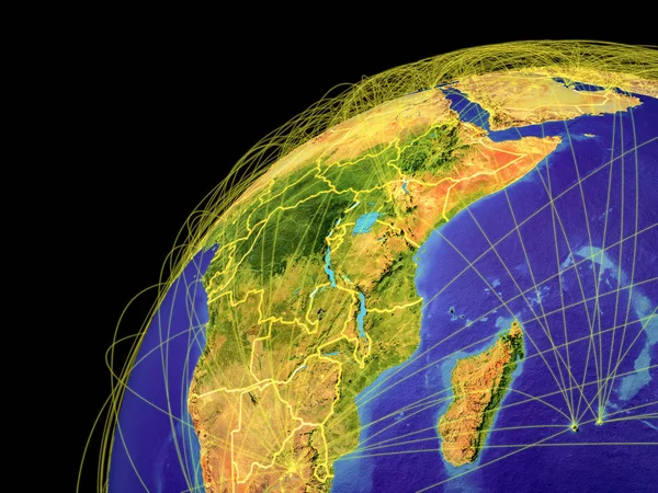 África Oriental Desde Espacio Tierra Con Líneas Que Representan Conexiones — Foto de Stock