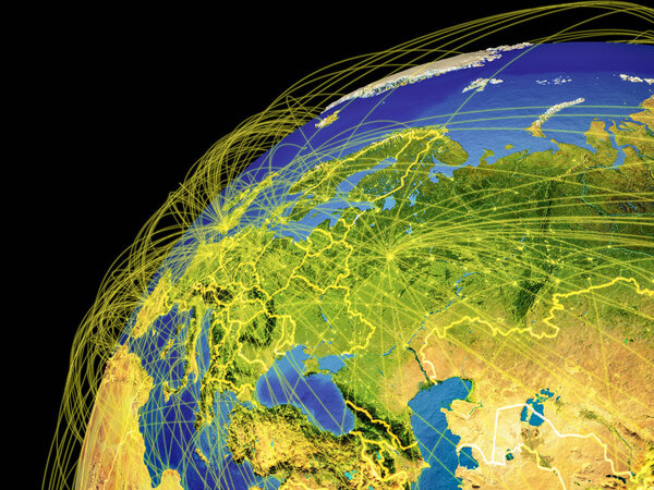 Восточная Европа из космоса на Земле с линиями, представляющими международные связи, связь, путешествия. 3D иллюстрация. Элементы этого изображения предоставлены НАСА
.
