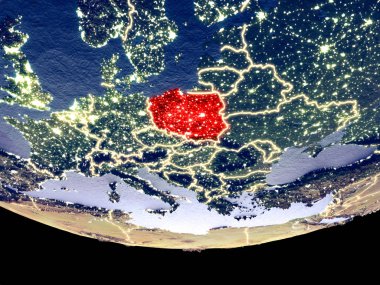 Polonya gece uzaydan uydu görüntüsü. Güzel ayrıntılı plastik gezegenin yüzeyi görünür şehir ışıkları ile. 3D çizim. Nasa tarafından döşenmiş bu görüntü unsurları.
