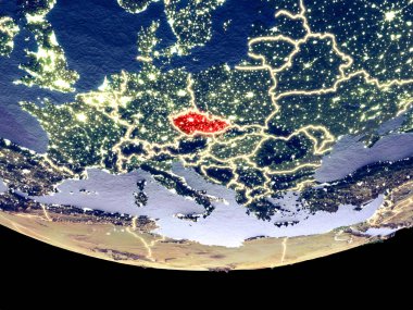 Çek Cumhuriyeti gece uzaydan uydu görünümü. Güzel ayrıntılı plastik gezegenin yüzeyi görünür şehir ışıkları ile. 3D çizim. Nasa tarafından döşenmiş bu görüntü unsurları.