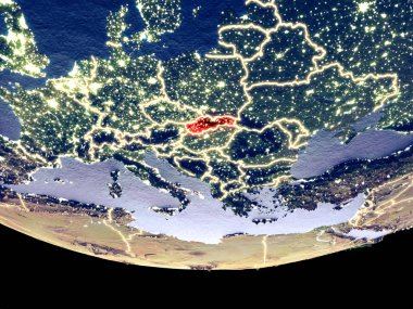 Slovakya gece uzaydan uydu görüntüsü. Güzel ayrıntılı plastik gezegenin yüzeyi görünür şehir ışıkları ile. 3D çizim. Nasa tarafından döşenmiş bu görüntü unsurları.