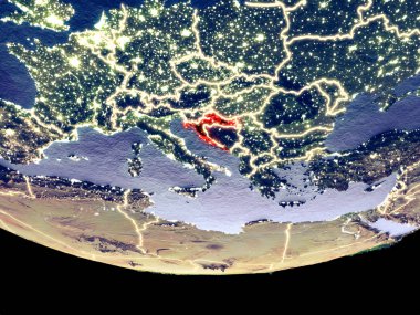 Hırvatistan gece uzaydan uydu görünümü. Güzel ayrıntılı plastik gezegenin yüzeyi görünür şehir ışıkları ile. 3D çizim. Nasa tarafından döşenmiş bu görüntü unsurları.