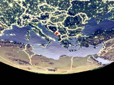 Karadağ gece uzaydan uydu görüntüsü. Güzel ayrıntılı plastik gezegenin yüzeyi görünür şehir ışıkları ile. 3D çizim. Nasa tarafından döşenmiş bu görüntü unsurları.
