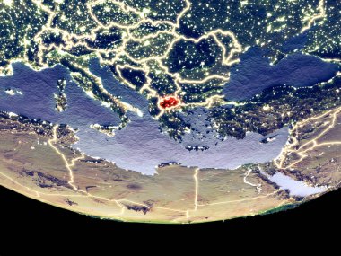 Makedonya gece uzaydan uydu görüntüsü. Güzel ayrıntılı plastik gezegenin yüzeyi görünür şehir ışıkları ile. 3D çizim. Nasa tarafından döşenmiş bu görüntü unsurları.