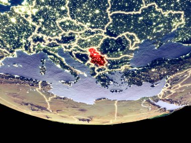 Sırbistan gece uzaydan uydu görüntüsü. Güzel ayrıntılı plastik gezegenin yüzeyi görünür şehir ışıkları ile. 3D çizim. Nasa tarafından döşenmiş bu görüntü unsurları.