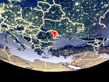 Moldova gece uzaydan uydu görüntüsü. Güzel ayrıntılı plastik gezegenin yüzeyi görünür şehir ışıkları ile. 3D çizim. Nasa tarafından döşenmiş bu görüntü unsurları.