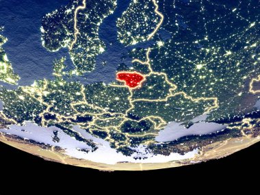 Litvanya gece uzaydan uydu görüntüsü. Güzel ayrıntılı plastik gezegenin yüzeyi görünür şehir ışıkları ile. 3D çizim. Nasa tarafından döşenmiş bu görüntü unsurları.