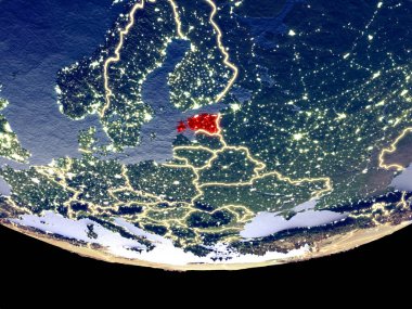 Estonya gece uzaydan uydu görüntüsü. Güzel ayrıntılı plastik gezegenin yüzeyi görünür şehir ışıkları ile. 3D çizim. Nasa tarafından döşenmiş bu görüntü unsurları.