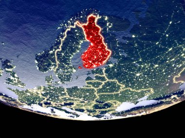 Finlandiya gece uzaydan uydu görüntüsü. Güzel ayrıntılı plastik gezegenin yüzeyi görünür şehir ışıkları ile. 3D çizim. Nasa tarafından döşenmiş bu görüntü unsurları.