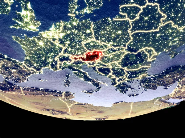 从夜间的太空可以看到奥地利的卫星景色 精美详细的塑料行星表面与可见的城市灯光 美国宇航局提供的这张图片的元素 — 图库照片