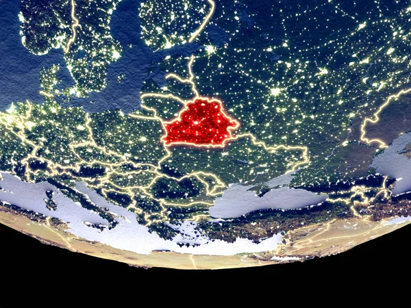 晚上从太空可以看到白俄罗斯的卫星景色 精美详细的塑料行星表面与可见的城市灯光 美国宇航局提供的这张图片的元素 — 图库照片