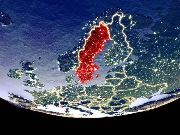 Widok Satelitarny Szwecji Kosmosu Nocy Powierzchni Pięknie Szczegółowe Tworzywa Sztucznego — Zdjęcie stockowe