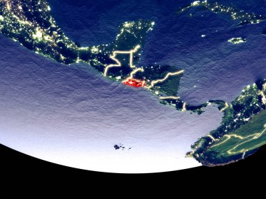 El Salvador gece uzaydan uydu görüntüsü. Güzel ayrıntılı plastik gezegenin yüzeyi görünür şehir ışıkları ile. 3D çizim. Nasa tarafından döşenmiş bu görüntü unsurları.