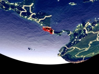 Kosta Rika gece uzaydan uydu görüntüsü. Güzel ayrıntılı plastik gezegenin yüzeyi görünür şehir ışıkları ile. 3D çizim. Nasa tarafından döşenmiş bu görüntü unsurları.
