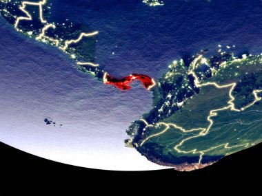 Panama gece uzaydan uydu görüntüsü. Güzel ayrıntılı plastik gezegenin yüzeyi görünür şehir ışıkları ile. 3D çizim. Nasa tarafından döşenmiş bu görüntü unsurları.