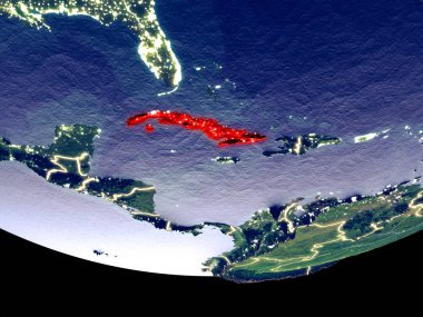 Küba gece uzaydan uydu görüntüsü. Güzel ayrıntılı plastik gezegenin yüzeyi görünür şehir ışıkları ile. 3D çizim. Nasa tarafından döşenmiş bu görüntü unsurları.