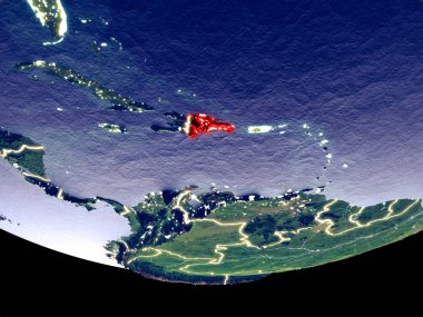 Dominik Cumhuriyeti gece uzaydan uydu görünümü. Güzel ayrıntılı plastik gezegenin yüzeyi görünür şehir ışıkları ile. 3D çizim. Nasa tarafından döşenmiş bu görüntü unsurları.