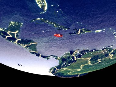 Jamaika gece uzaydan uydu görüntüsü. Güzel ayrıntılı plastik gezegenin yüzeyi görünür şehir ışıkları ile. 3D çizim. Nasa tarafından döşenmiş bu görüntü unsurları.