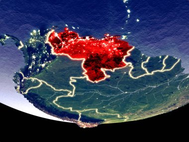 Venezuela gece uzaydan uydu görüntüsü. Güzel ayrıntılı plastik gezegenin yüzeyi görünür şehir ışıkları ile. 3D çizim. Nasa tarafından döşenmiş bu görüntü unsurları.
