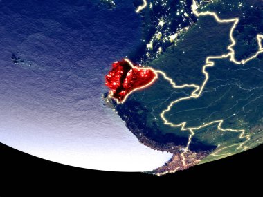 Ekvador gece uzaydan uydu görüntüsü. Güzel ayrıntılı plastik gezegenin yüzeyi görünür şehir ışıkları ile. 3D çizim. Nasa tarafından döşenmiş bu görüntü unsurları.