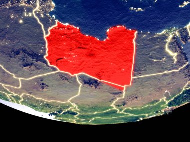 Libya gece uzaydan uydu görüntüsü. Güzel ayrıntılı plastik gezegenin yüzeyi görünür şehir ışıkları ile. 3D çizim. Nasa tarafından döşenmiş bu görüntü unsurları.
