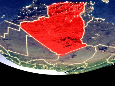 Cezayir gece uzaydan uydu görüntüsü. Güzel ayrıntılı plastik gezegenin yüzeyi görünür şehir ışıkları ile. 3D çizim. Nasa tarafından döşenmiş bu görüntü unsurları.