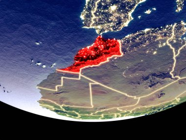 Fas gece uzaydan uydu görüntüsü. Güzel ayrıntılı plastik gezegenin yüzeyi görünür şehir ışıkları ile. 3D çizim. Nasa tarafından döşenmiş bu görüntü unsurları.
